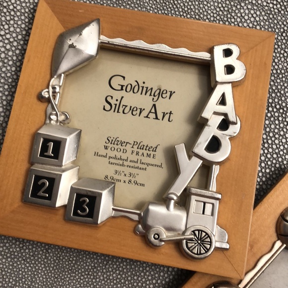 BABY 2 Picture Frames Silver Plated Wood Frame Hand Polished Lacquered 3.5”x3.5” - Picture 2 of 6